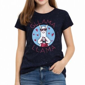 Justice Glamma Llama Navy Blue Pink Sunglasses Sparkly Graphic Tee Sz 12…